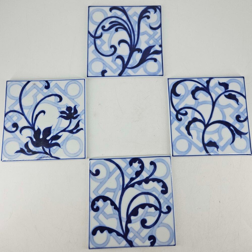 Vintage Bombay Blue White Square Ceramic Coasters Tile Set of 4